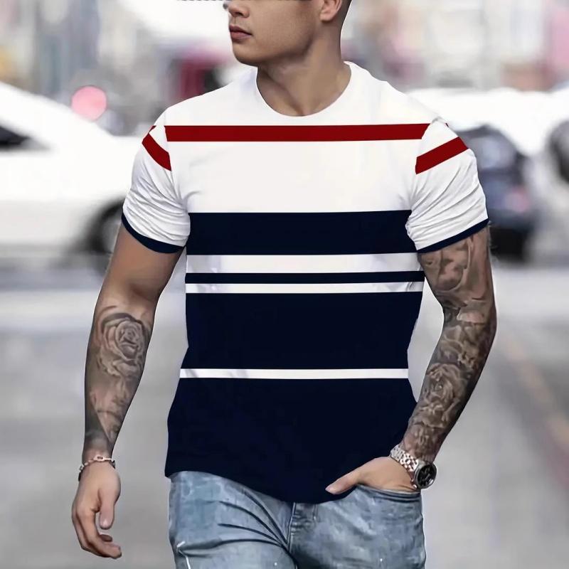 

Summer Round Neck 3D Striped Color Block Print Top Fashionable Casual Short Sleeved Men s T-shirts XS