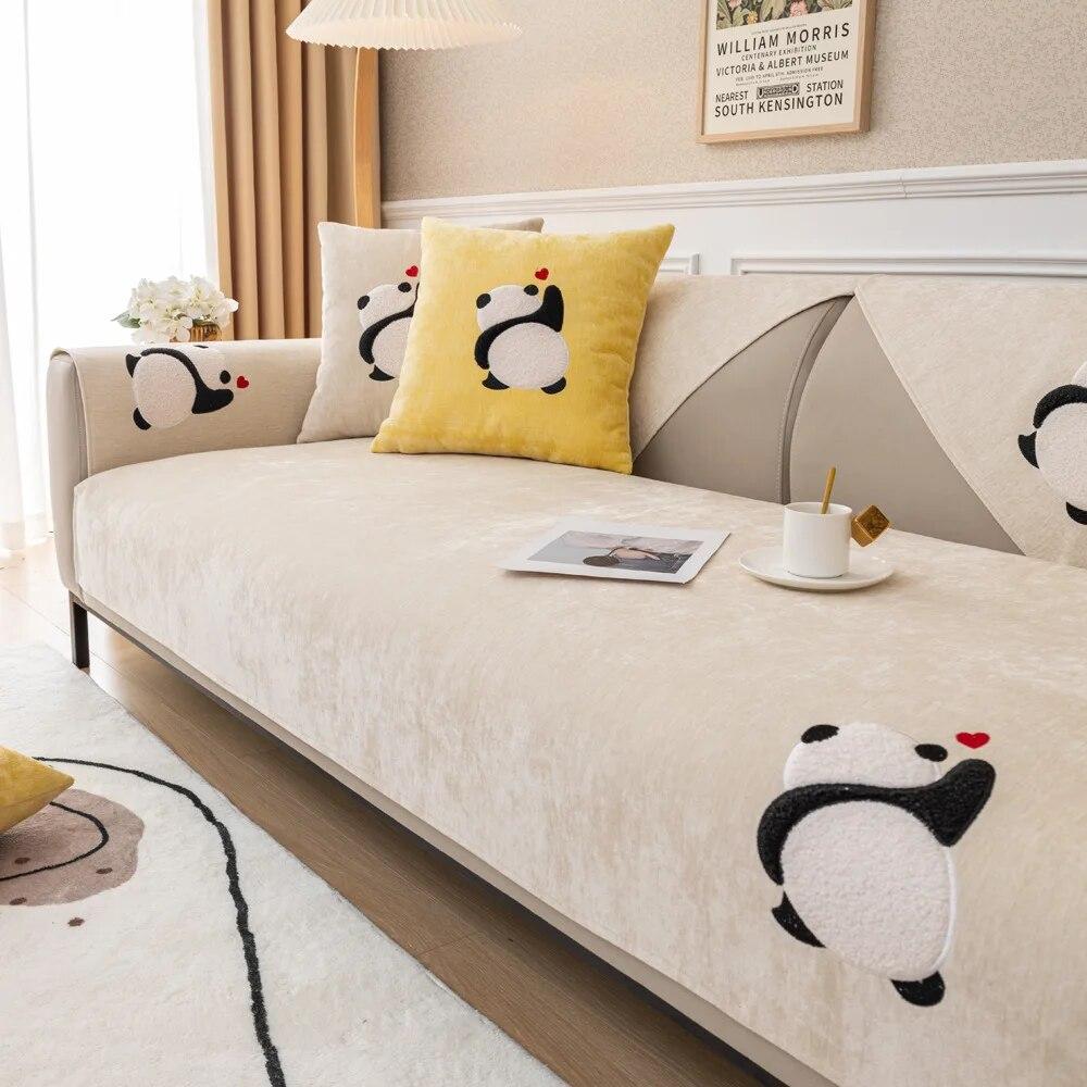 Cartoon Panda Sofa Cover Luxury Chenille Non Slip Universal Furniture Protector Living Room Slipcovers Soft Comfortable