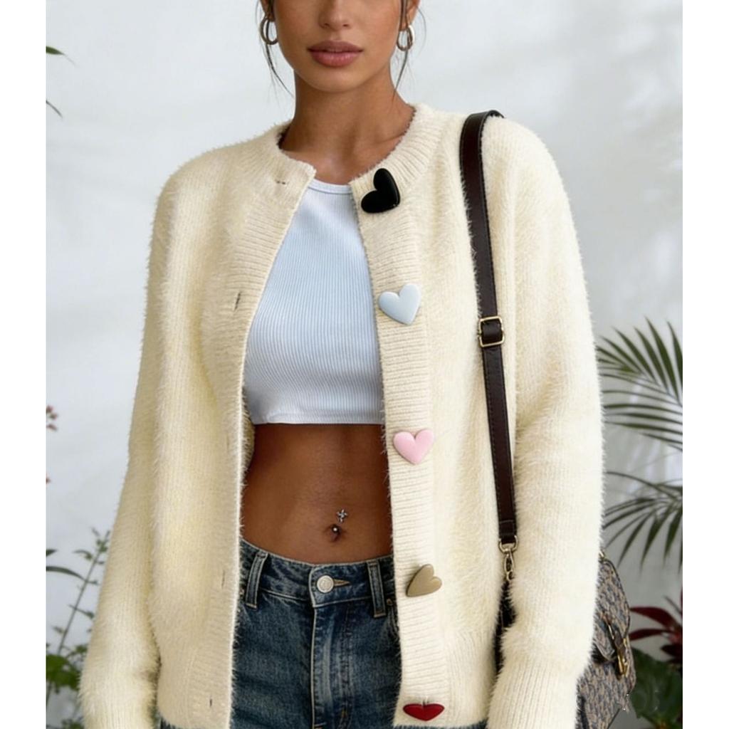 Fashion Sweet Heart Button Cardigan Sweater 2026 Autumn Korean Style Knitted Jackets Casual Round Neck Solid Color Knit Loose Ladies Soft Clothing