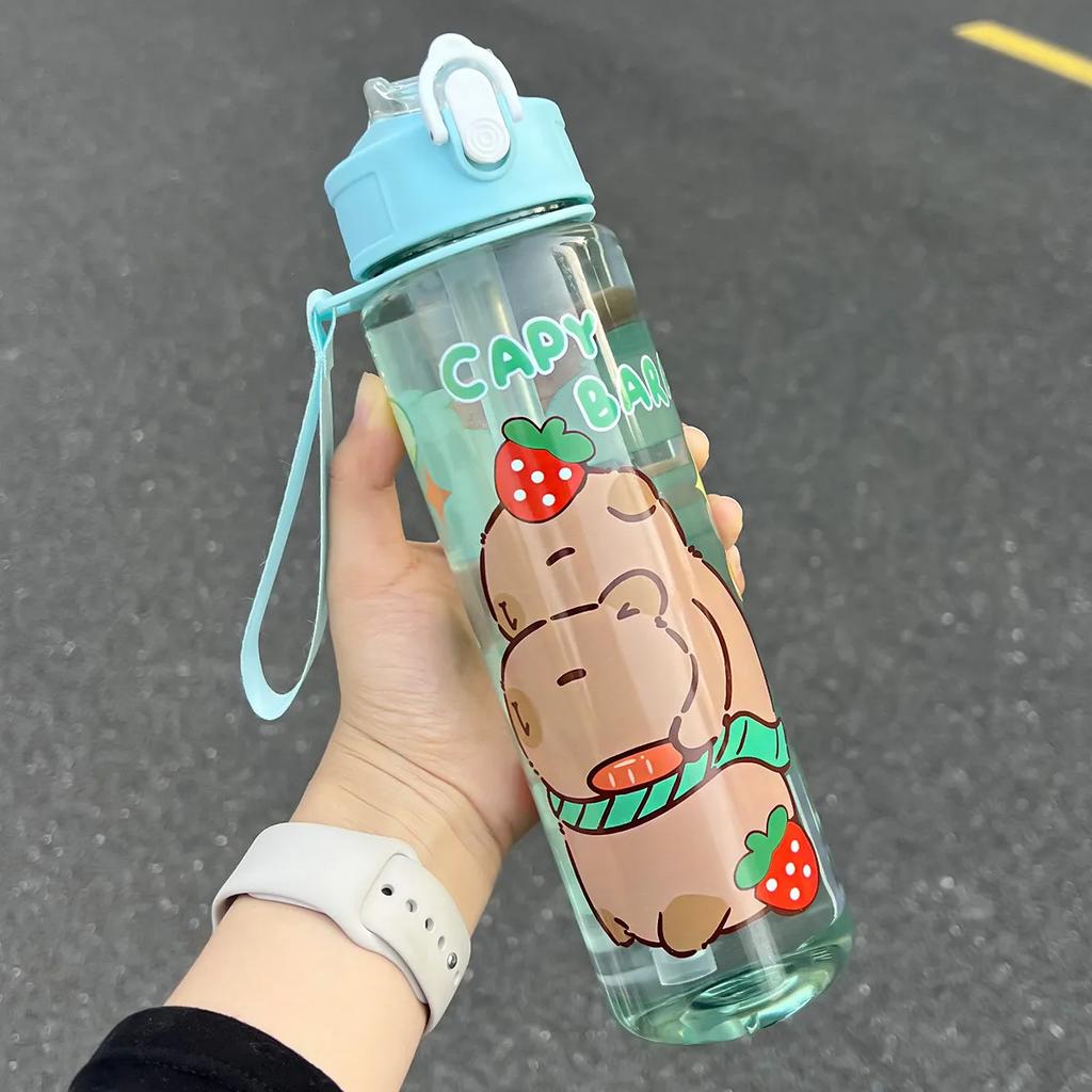 800ML Kids Water Bottle Creative Cartoon Plastic Cup With Straw&Hand Rope Large Capacity Outdoor Portable Water Cups