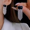 French Vintage Square Black Tassel Stud Earrings Women's Light Luxury High-end Design Sense Fashionable Personality Earrings Earrings