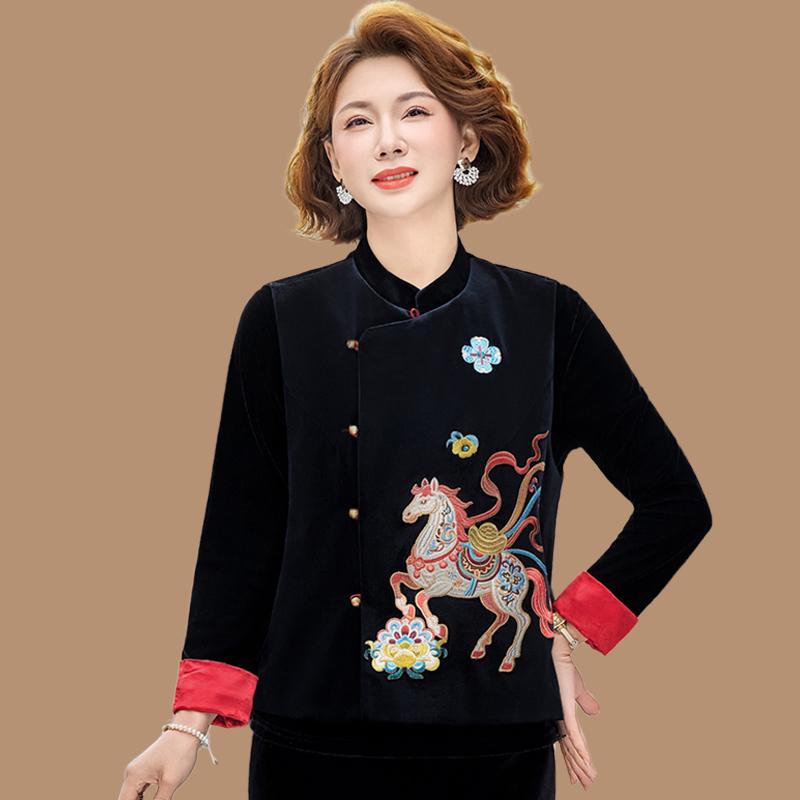 Elegant Chinese Spring Outfit: Gold Velvet Three-Piece Set with Embroidered Vest for Mothers 4XL 67-75kg