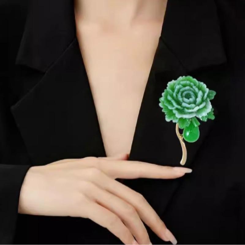 Green Peony Flower Brooches for Women Unisex Resin Stone Beautiful Plants Party Office Pins Charms Gifts