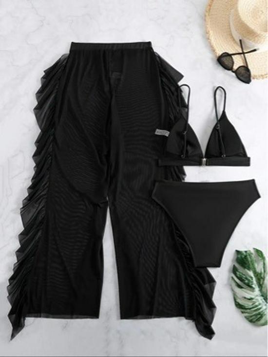 

European & American Three-Piece Swimsuit Set: Solid Color Bikini with Sexy Crossover Mesh Pants L