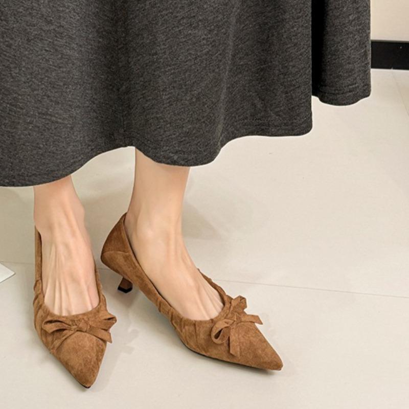 French Bow Pointed Toe Suede Stiletto Single Shoes Women's Fall 2026 New High Heels