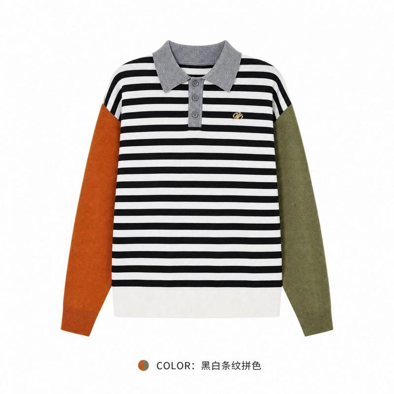 Womens Black White Striped Knit Polo Sweater Long Sleeve Fall Casual Top