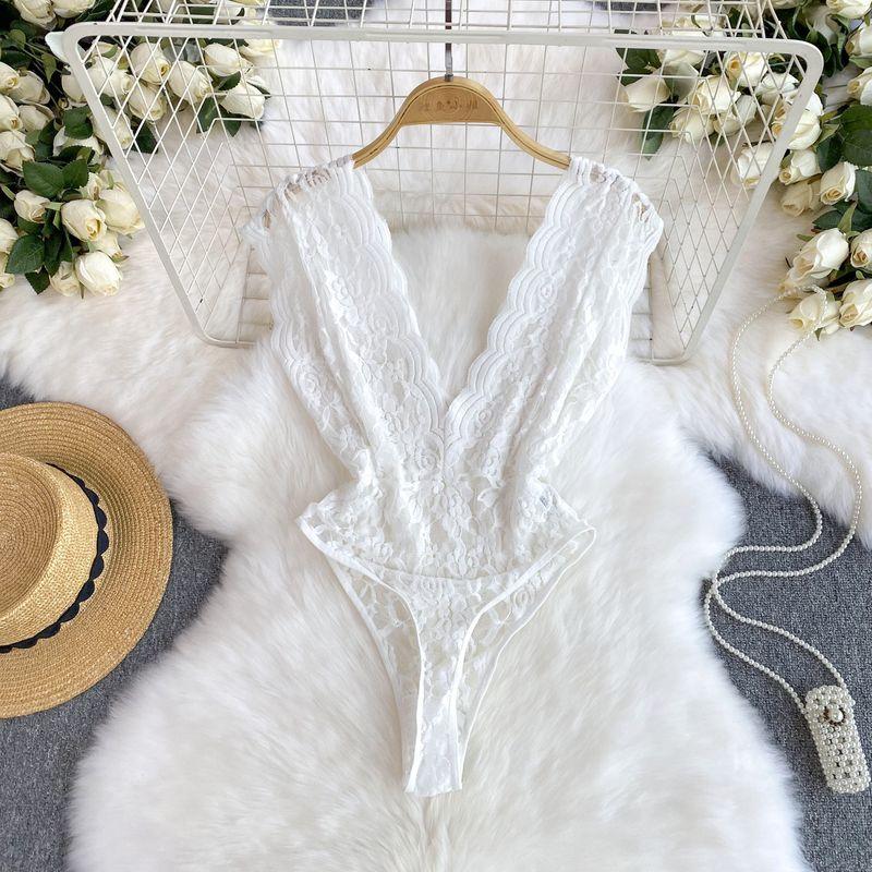 

Сексуальный вдохновляющий дизайн Низкий вырез Подчеркивающий грудь Без спины Прозрачный комбинезон Женское кружево Слим Приталенный Без рукавов Футболка для низа Мода White S