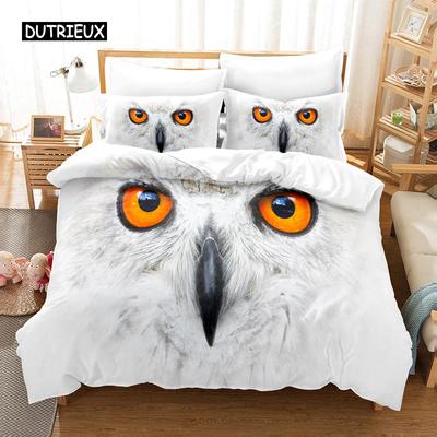 Eulen-Bettbezug-Set, Mikrofaser, süßer weißer Eulen-Bettbezug, Vogeltier-Bettbezug für Jungen, Teenager, Erwachsene, Doppel-/Queen-Size