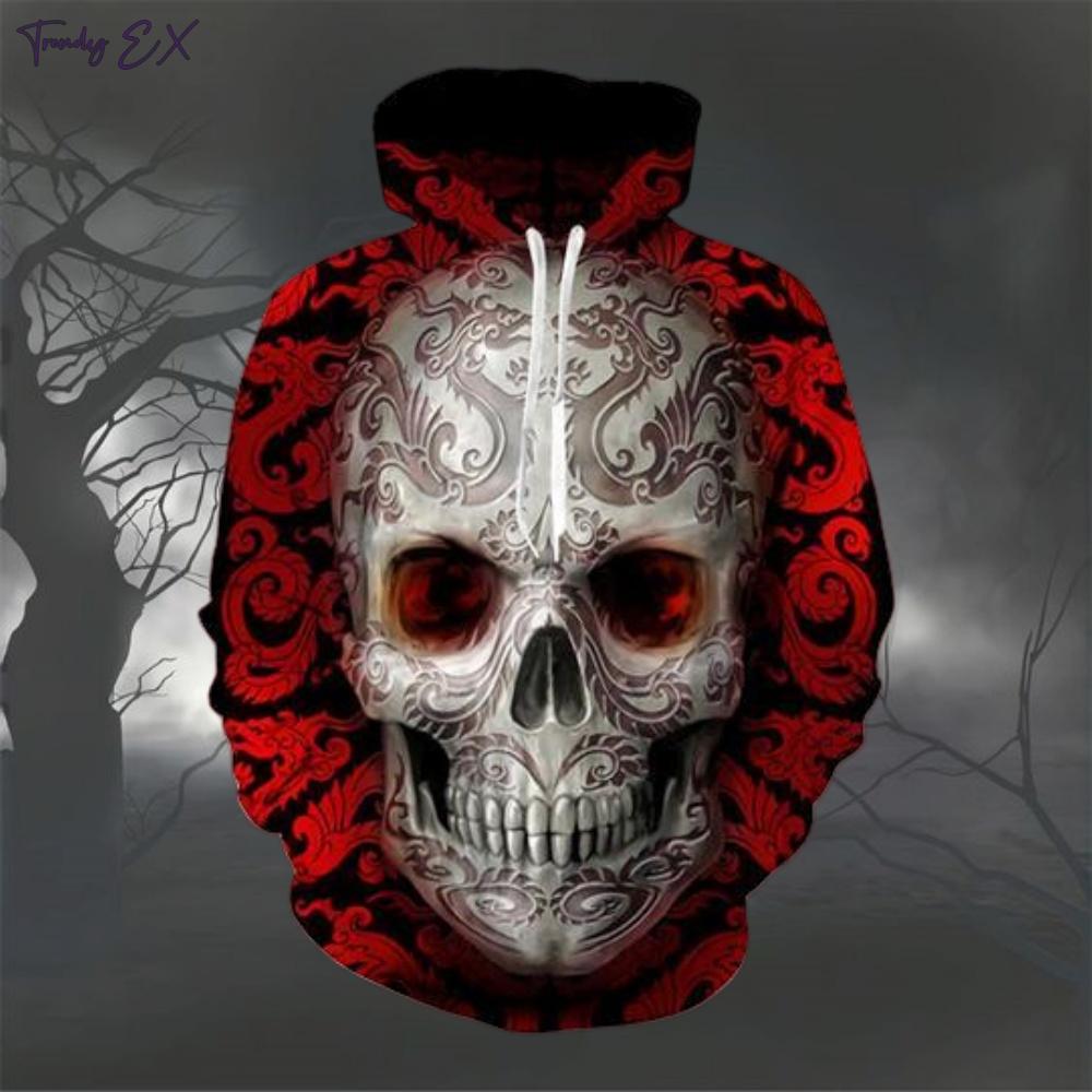 Skull Digital Print Sweatshirts for Men Fashion Street Fall Graphic Hoodies Blouse Comforts Kangaroo Pocket Design Mens Clothes