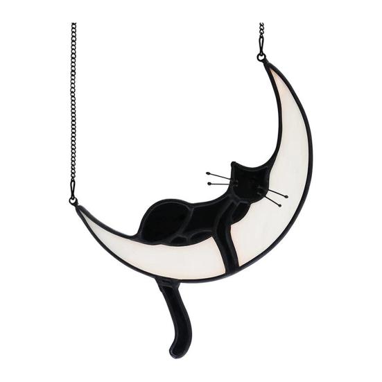 Cat On Moon Hanging Ornament Stained Glass Window Hanging Suncatcher Acrylic Panel Wall Art Memorial Gift for Women Wife Mom Cat Lovers