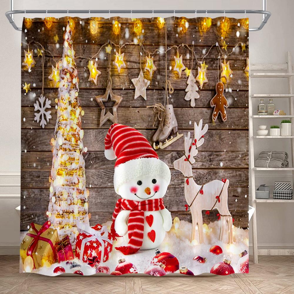 Winter Christmas Shower Curtains Funny Santa Claus Reindeer Snowman Red Xmas Balls Snow Home Bathroom Curtain Decor With Hooks