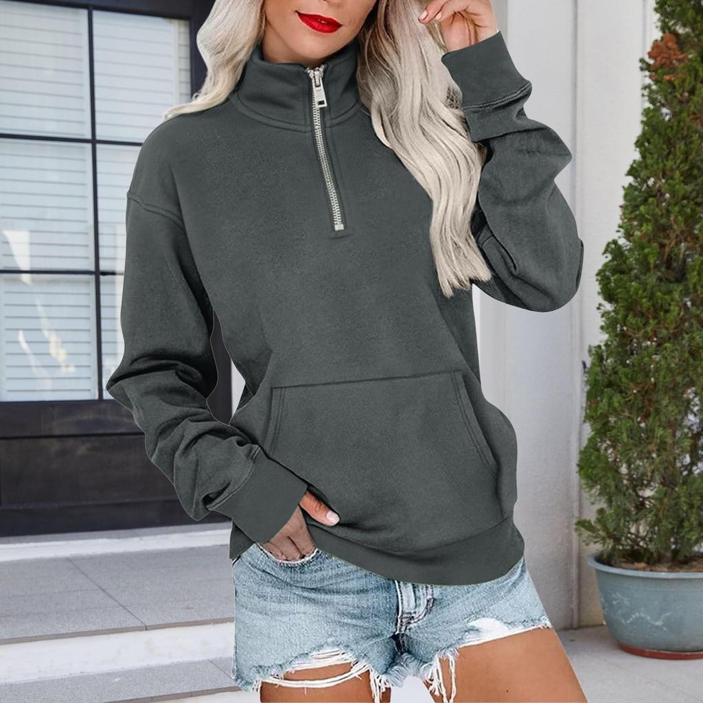 Women's Loose Fit Zip Up Sweatshirt Color Round Neck Long Sleeve Top