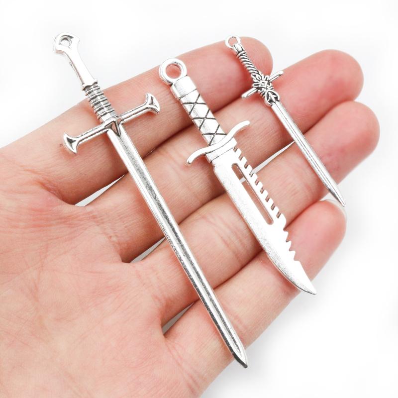 10 pezzi/lotto Ciondoli Lama di Spada Placcati Argento Antico Pendenti Accessori per la Creazione di Gioielli Fai da Te per Collana Componenti per Artigianato