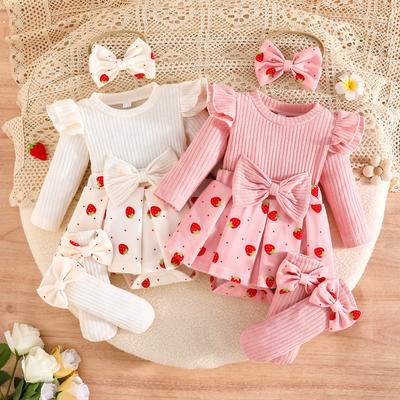 Bébé Fille Automne Hiver Nouveau Style Combinaison Triangle Imprimée + Foulard + Chaussettes Nœud Style Doux et Mignon