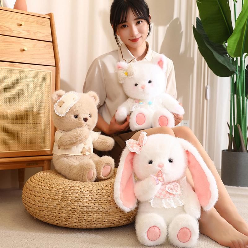 Flauschiges Plüsch Weißer Teddy Braunbär Weißes Baby Kaninchen Fuchs mit Lätzchen Kleid Niedlich Lecker Kuscheltiere Kuschel Umarmungs Spielzeug