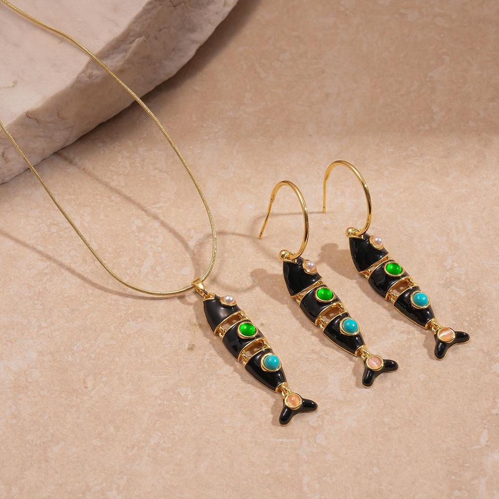 Stainless Steel Fish Tassel Pendant Earrings & Necklace Set - Women's Light Luxury Jewelry