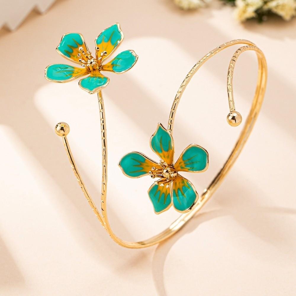 Adjustable Open Cuff Bracelets Enamel Drop Flower Floral Bangle Vintage Armlet