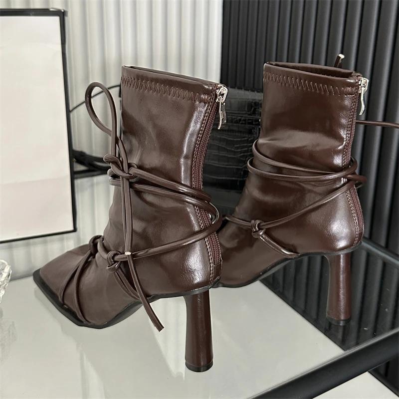 Spring Autumn Design Cross- Strap Women Ankle Boots Punk Style Square Toe High Heels Zipper Booties Shoes