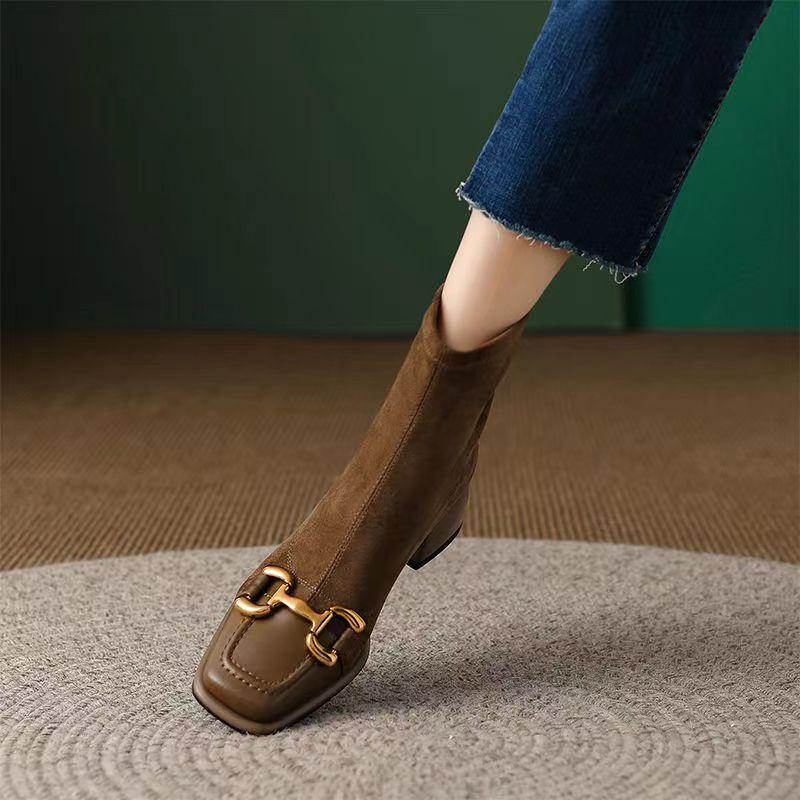 Fashion Black Elastic Socks Boots Spring Women's New Square Head Antique Short Boots Chunky Heel Boots Autumn Thick Heel Women's Boot