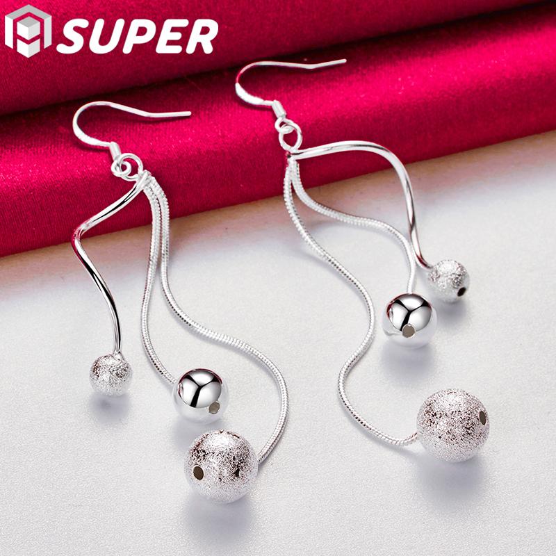 925 Sterling Silver Smooth Frosted Beads Ball Drops Earrings Jewelry