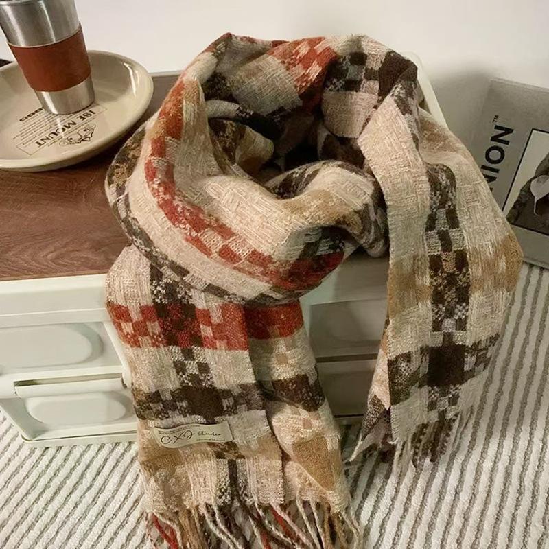 Autumn and Winter Scarves Women's Winter High-end Scarves Thickened and Warm Tonglu Imitation Cashmere Plaid Scarves