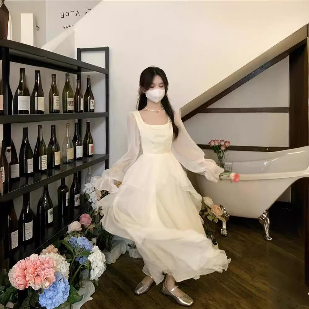 White French Ruffle Long Sleeve Dress: Waist-Defining Fairy Style for Seaside Vacations