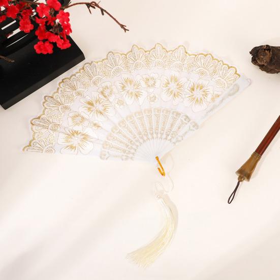 Chinese Style Flower Folding Fan with Faux Pearl Tassel Portable Plastic Ribs Hand Fan Women Dance Performance Props Party Favors