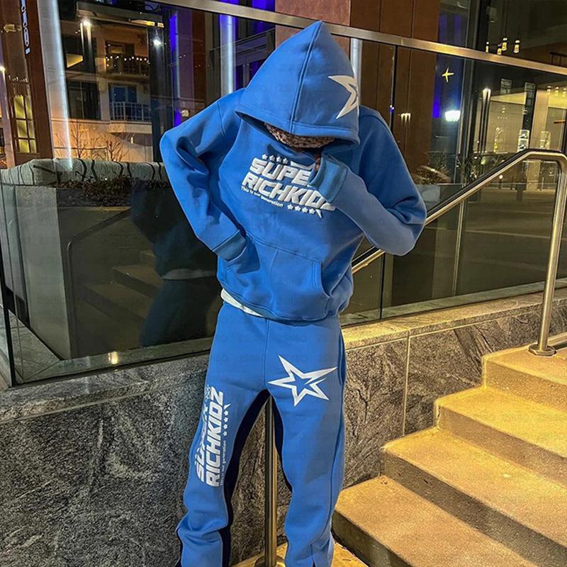 Felpa con cappuccio e stampa di lettere a stella set di felpe hip-hop europee e americane cappotto largo