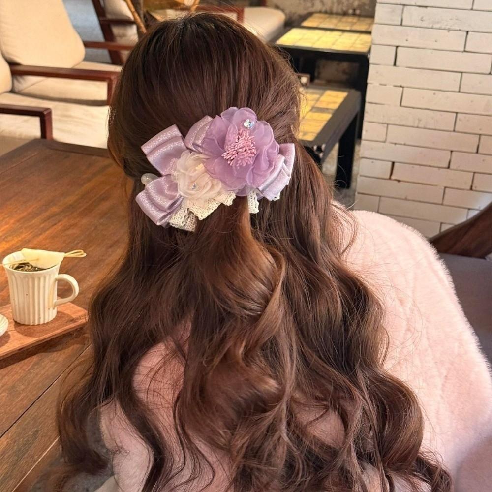 Elegant Flower Banana Clip Resin Women Ponytail Holder Shark Clip Purple Mesh Vertical Clip Party