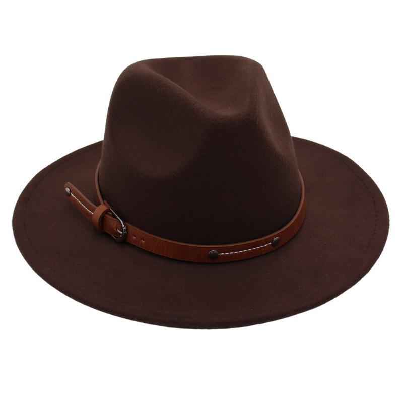 Big Edge Top Hat Belt Buckle Jazz Hat Men'S And Women'S Felt Hat Street Shooting Gambler Hat Concave Fedora Hat Tide