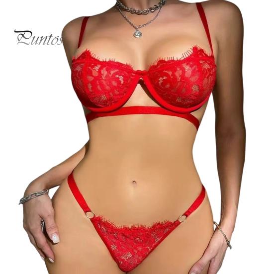 2 Pcs/Set Bra Panties Set See-through Lace Floral Embroidery Solid Color Adjustable Strap Thin High Waist G-string Wedding Night Honeymoon Underwear