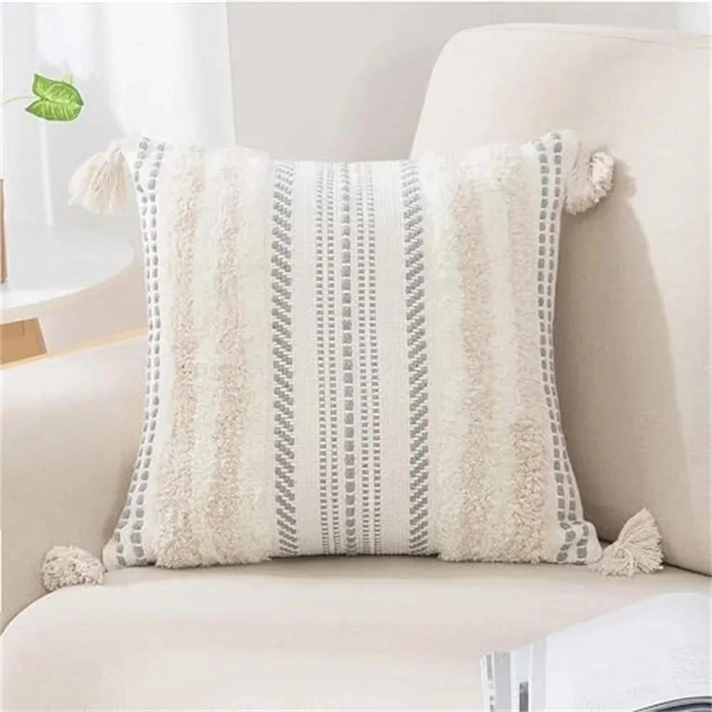 Homaxy Bohemia Pillow Case 50x50 For Sofa Pillow Cover Striped Tassel Decor Cushion Cover Furry Boho Pillowcase Aesthetic 45x45