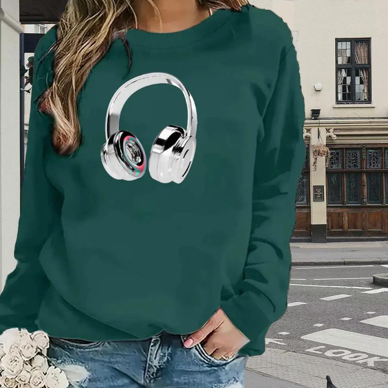 Топы для женщин Простые наушники Принт Круглый вырез Длинный рукав Футболка Осенний — фото 5