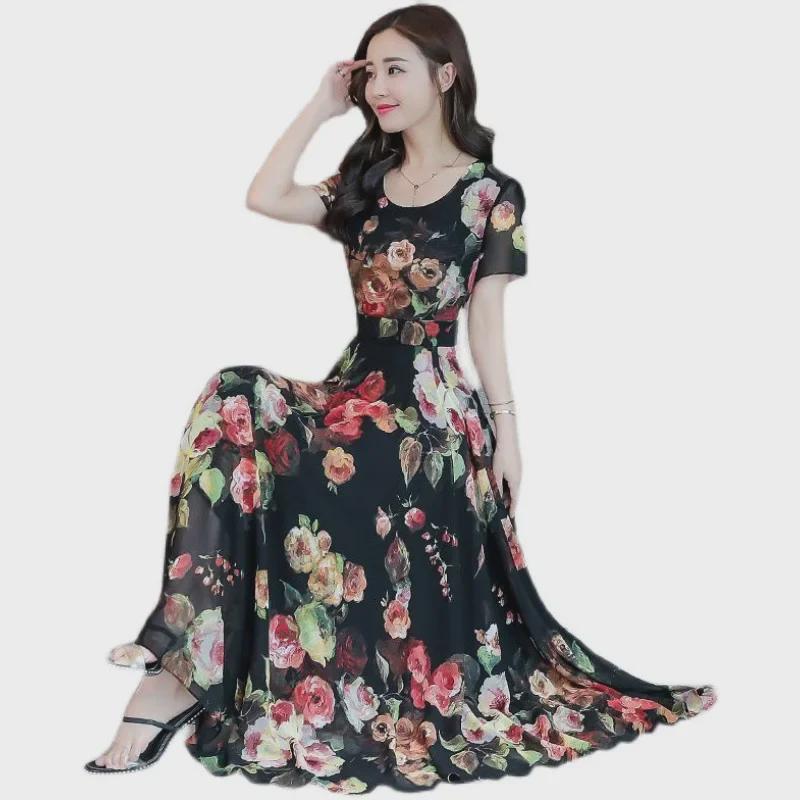 180g Korean Printed Ice Silk Dress, Round Neck, Medium-Length, Plus Size, Summer Skirt for Middle-Aged Women