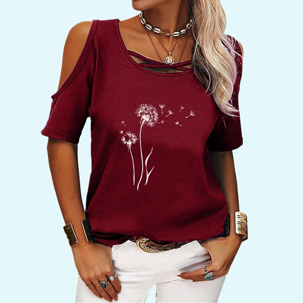 Women Casual Floral Print T-shirt Fashion Off Shoulder Top Ladies O Neck Short Sleeve Tee Shirt