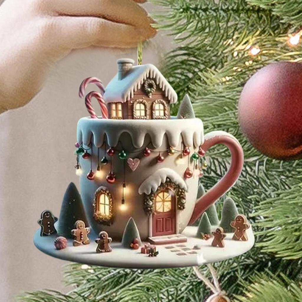 Christmas Tree Decor Pendant 2D Flat Acrylic Xmas Coffee Cup Snow House Holiday Pendant Christmas Home Ornaments Decoration