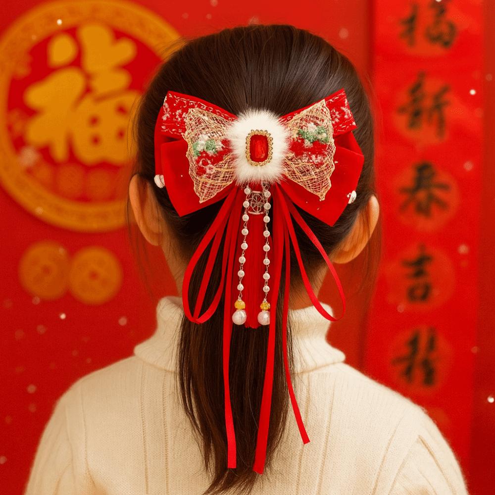 Flower Bow Ribbon Hair Clip Red Hanfu Hair Ornamen Chinese Style New Year Hairpin  Festival