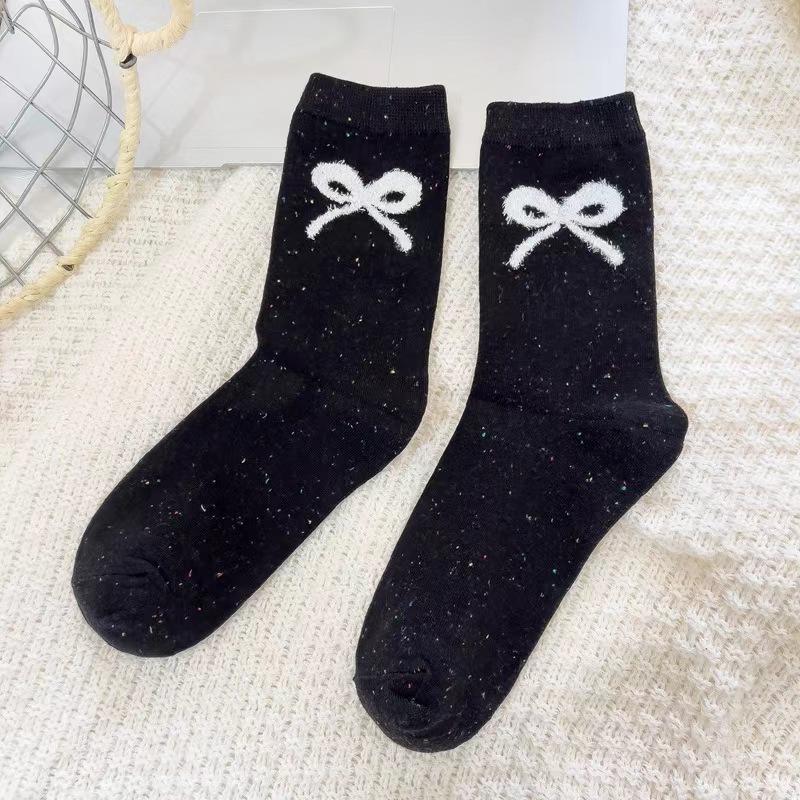 Female Autumn and Winter Point Yarn Bowknot Stripe Lovely All Build In Tube Cotton Socks