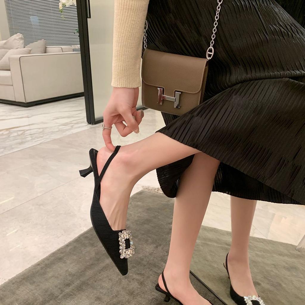 Summer New Rhinestone Square Buckle Pointed Sandals Women's Thin Heels Versatile Fairy High Heels