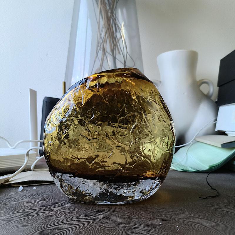 Amber Color Wrinkled Glass Vase Hydroponics Plant Pots Table Decoration Flower Arrangement Floral Vases Room Aesthetic Decor