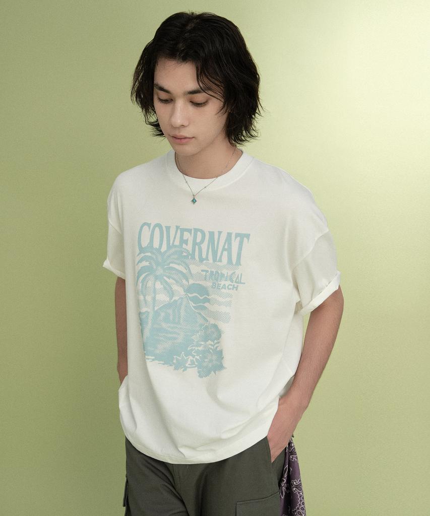 COVERNAT Cool Cotton Sunset Tropical Graphic T-Shirt White