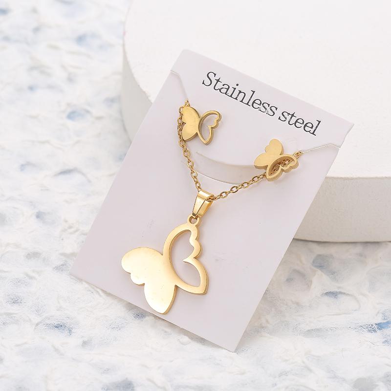 New Animal Flower Butterfly Stainless Steel Pendant Necklace Sets For Women Gold Color Chain Necklace Earrings Zircon Gifts