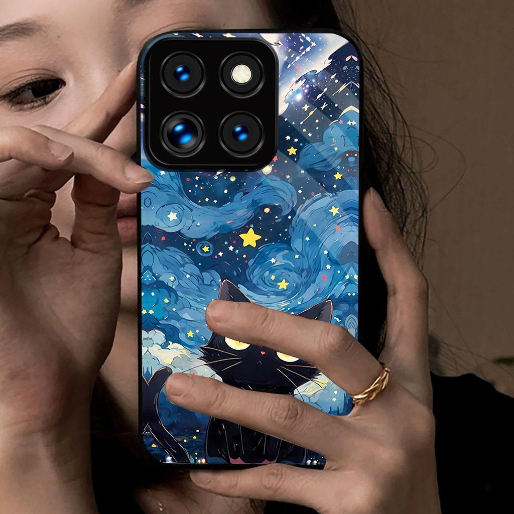 Case for Xiaomi 14 Pro Anime Black Cat Starry Cloud Print Phone Cover Acrylic Hard Back Shell With Flexible TPU Edge
