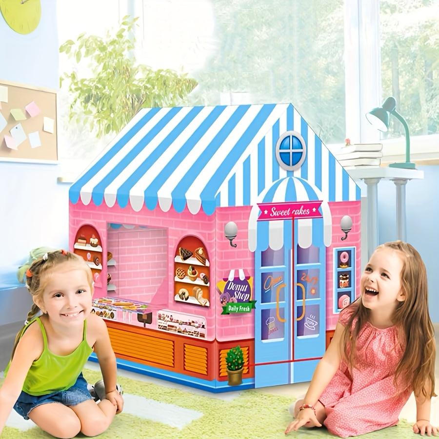 Süßigkeitenladen Spielzelt für Kinder Rosa Blau Gestreiftes Desserthaus mit Buntem Kuchen & Eiscreme-Display Outdoor Spielzelt