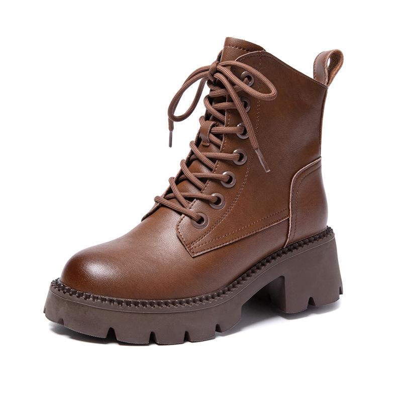 Women New Fashion Short Boots Women Cowhide Retro British Style Ankle Boots Casual Zipper High Heels Thick Soled Women Shoes