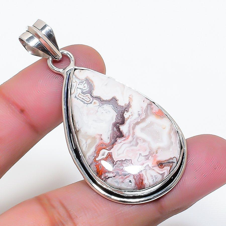 Natural Laguna Lace Agate Gemstone 925 Sterling Silver Pendant 1.97" AP-15539