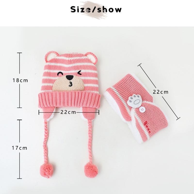 Winter Kids Baby Girls Boys Cartoon Bear Stripe Knit Hat Cap Woolen Yarn Scarf  Hat Keep Warm Set For Outdoor