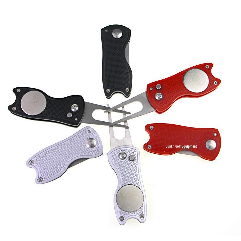 Spring-Loaded Foldable Golf Green Repair Fork with Detachable Marker - Zinc Alloy Construction
