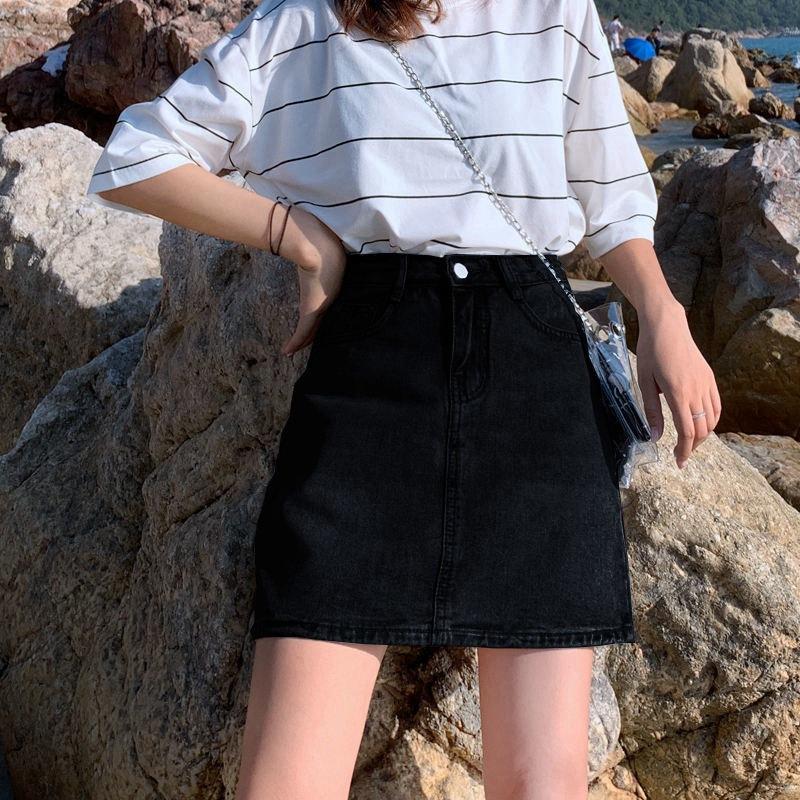 

Юбка-полуторка, однотонная, с высокой талией, тонкая, с пакетом, бедра, наряд для путешествий автостопом, для студентов, короткая юбка А-силуэта, Ms. Летняя модная джинсовая короткая юбка M чёрный