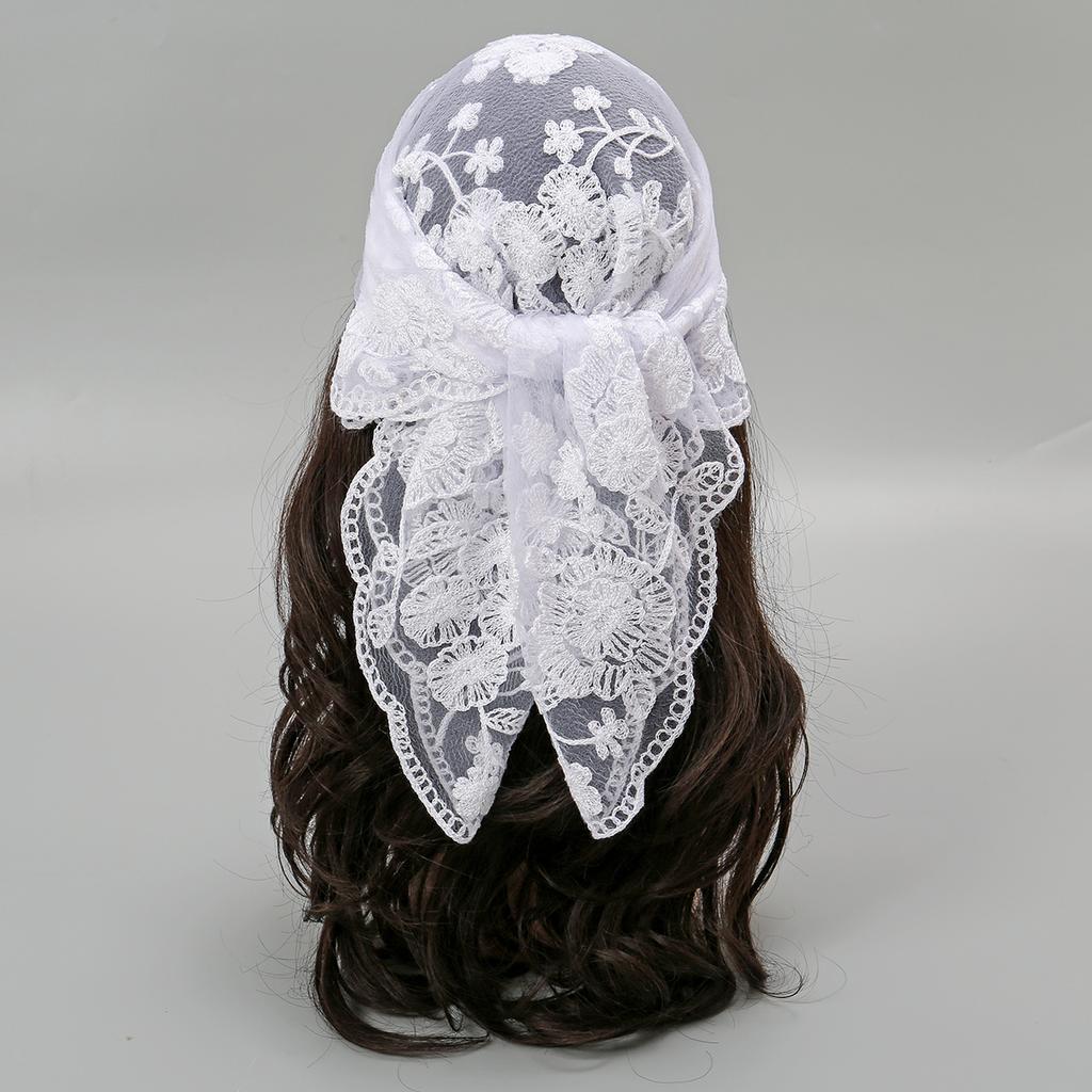 New Square Yarn Hijab Scarf Women Floral Embroidery Lace Headband Summer Breathable Bandana For Women Elegant Turban Hair Wrap